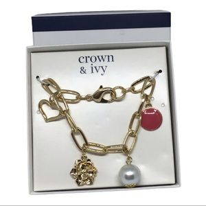 🎀 Gold-Tone Pearl Bow Heart Pink CharmBracelet
